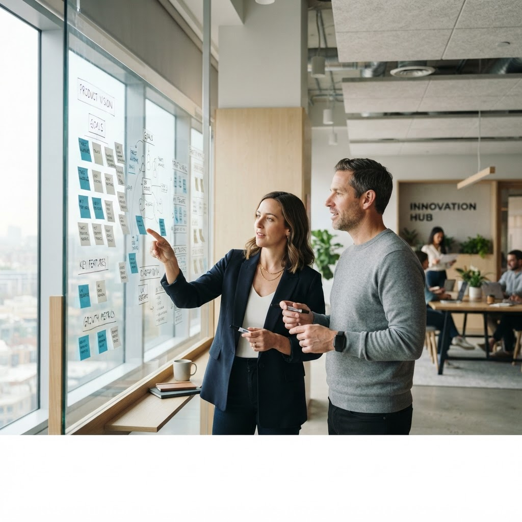 Consultants mapping a product strategy at a whiteboard